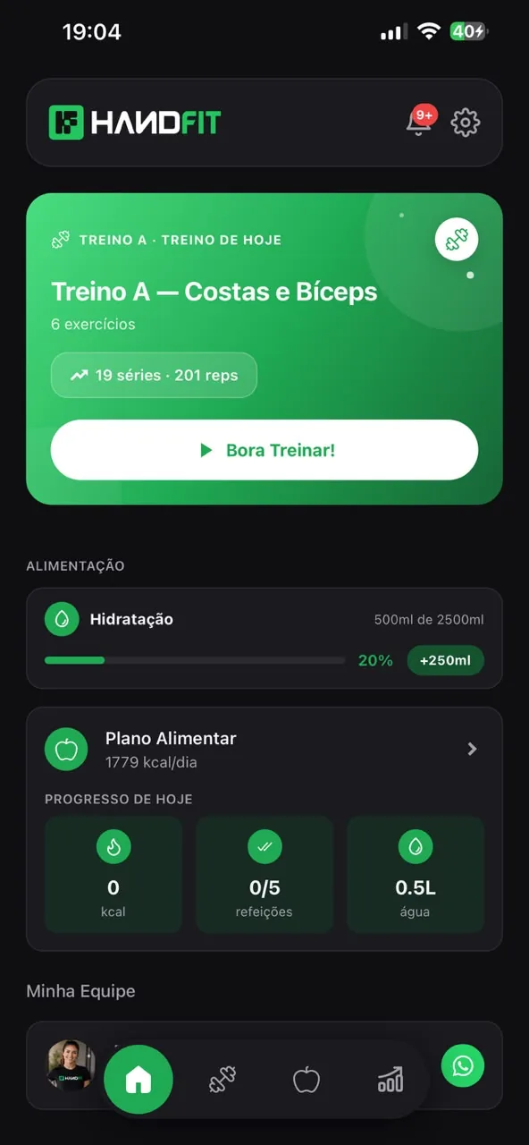Tela inicial do app HandFit, com o treino do dia