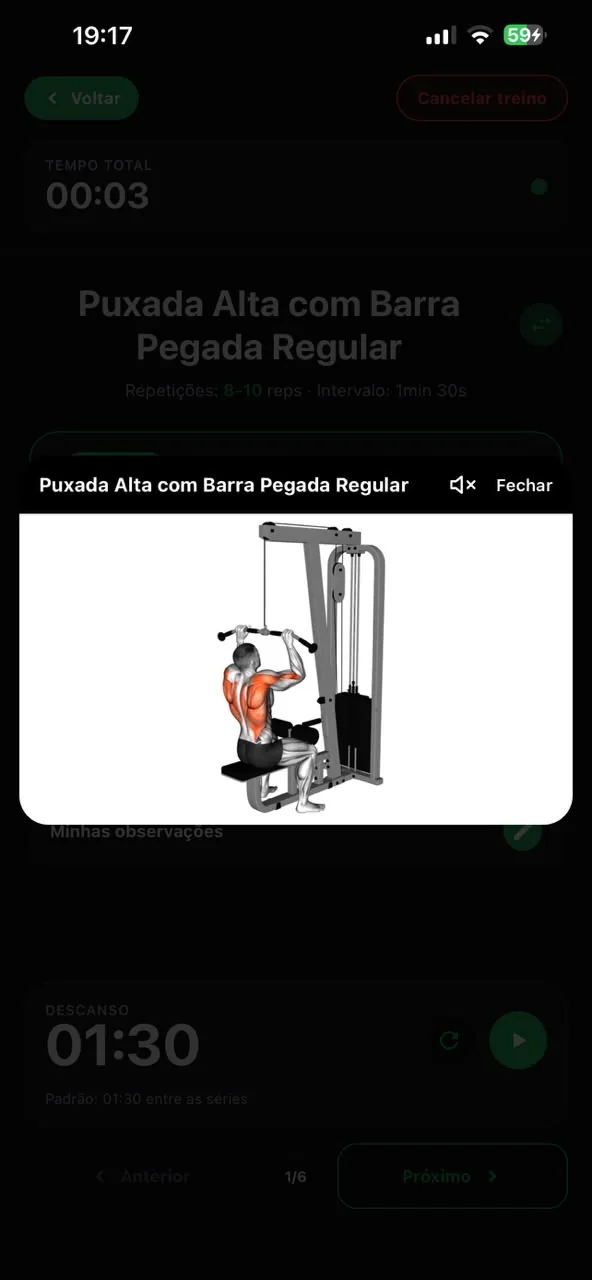 Treino em andamento no app HandFit, com vídeo do exercício Puxada alta